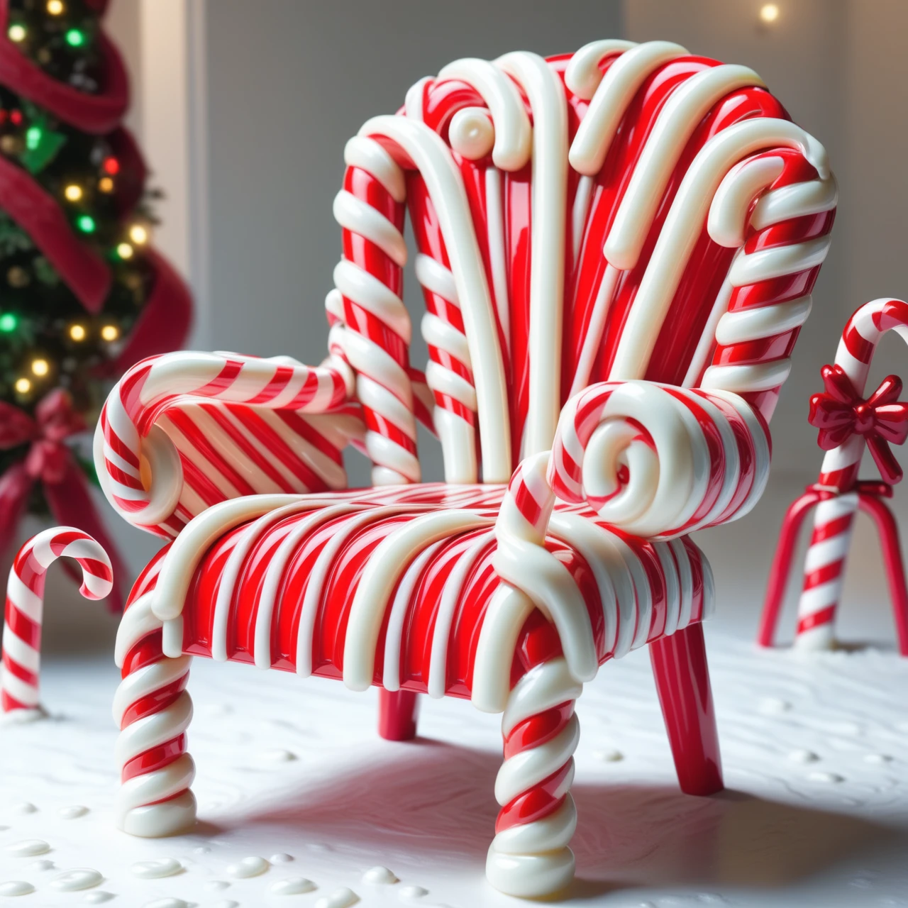 a chair made out of Jed-Cndcne , masterpiece, UHD, sharp and in focus  ,<lora:CandyCaneStyle-000005:1>