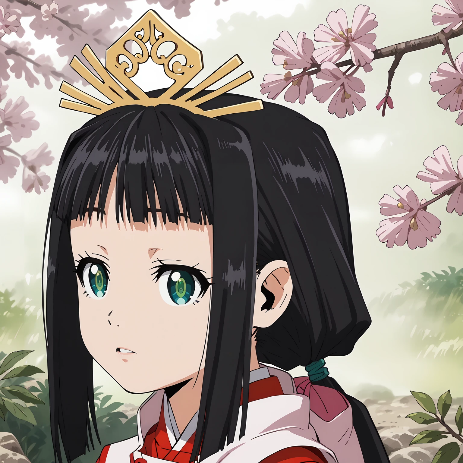 <lora:TES_ShizukuXLpony002>,
parted lips,close-up,
solo,
Shizuku,1girl,black hair,low ponytail,hair ribbon,green eyes,
very long hair,
tiara,
miko,
outdoors,nature,cherry blossoms,
standing,