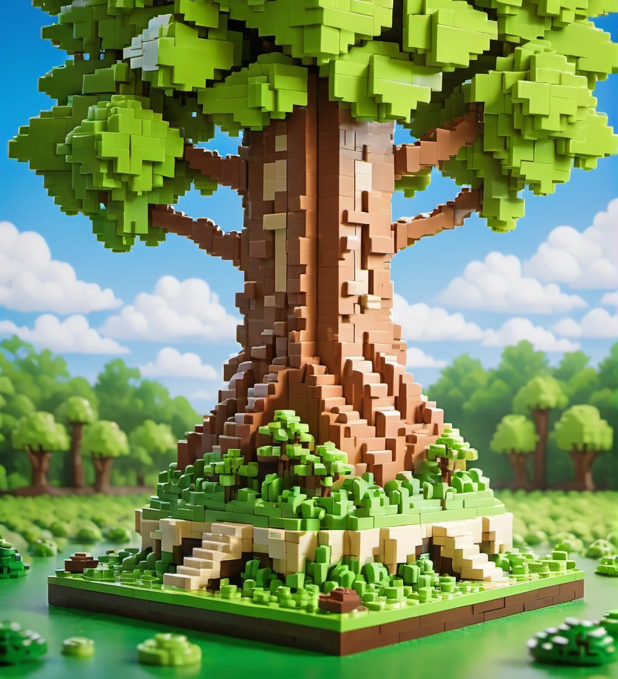Lego pixel art,lego,forest scene,large trees,sunny day,blue sky,green landscape,lego bricks,nature,outdoors,miniature scale,clouds,detailed model,whimsical,toy building blocks,lush vegetation,foliage,tree canopy,play set,diorama,creative design,artistic craftsmanship,<lora:å¾®ååç´ -000009:0.6>,
