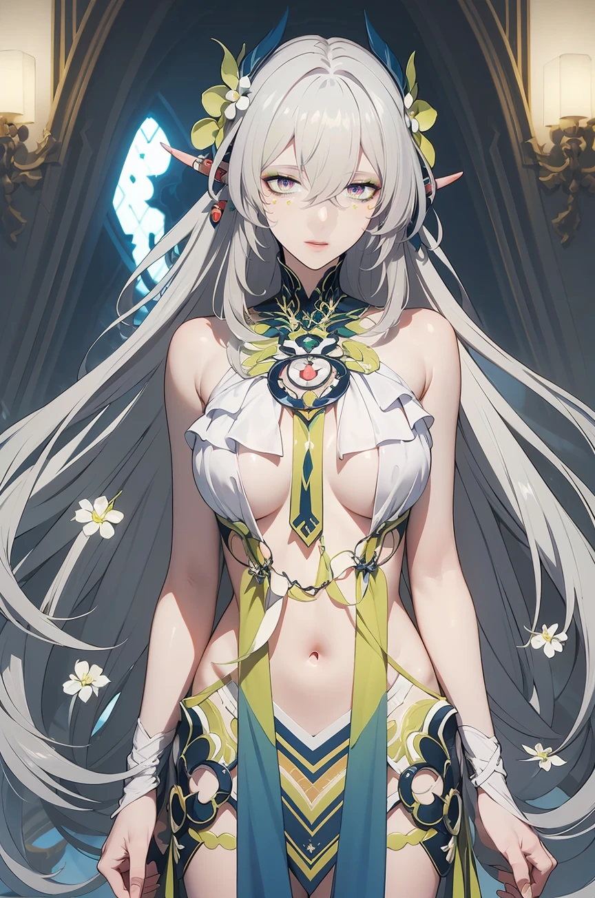 (masterpiece, best quality,masterpiece,illustration),
very long hair,
<lora:LamiaG:1>,LamiaG,grey hair,pointy ears,hair flower,multicolored eyes,pelvic curtain,revealing clothes,dress,