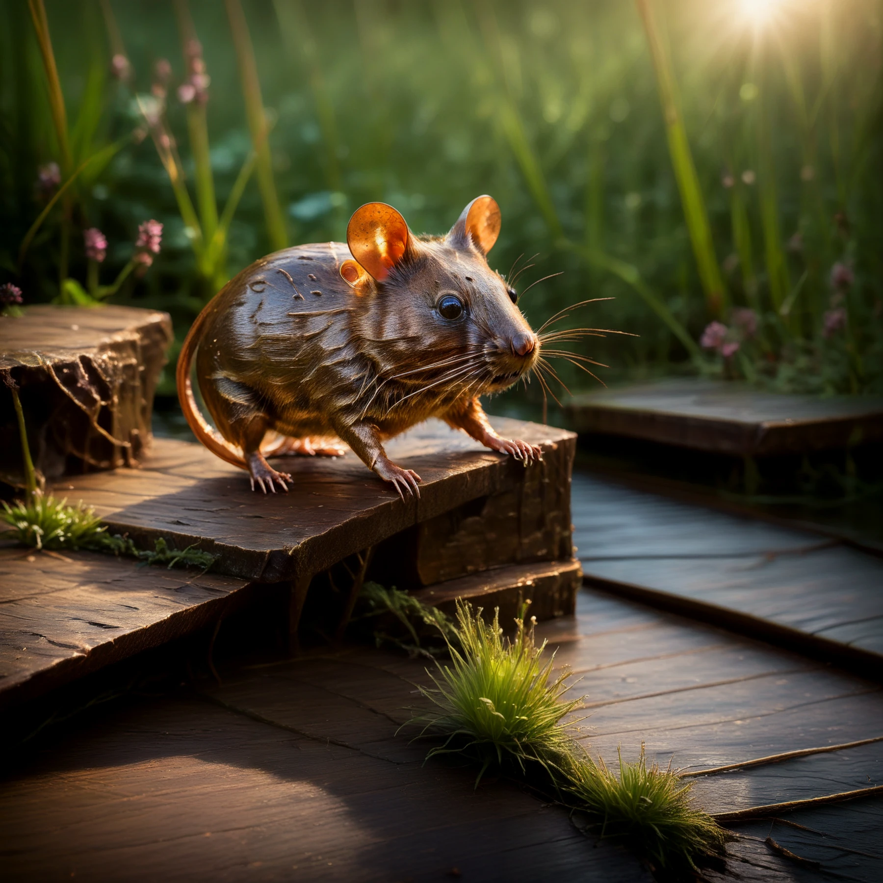 A copper fieldmouse sitting on a dock.

<lora:MadeOfCopper01_CE_SDXL:1.4>