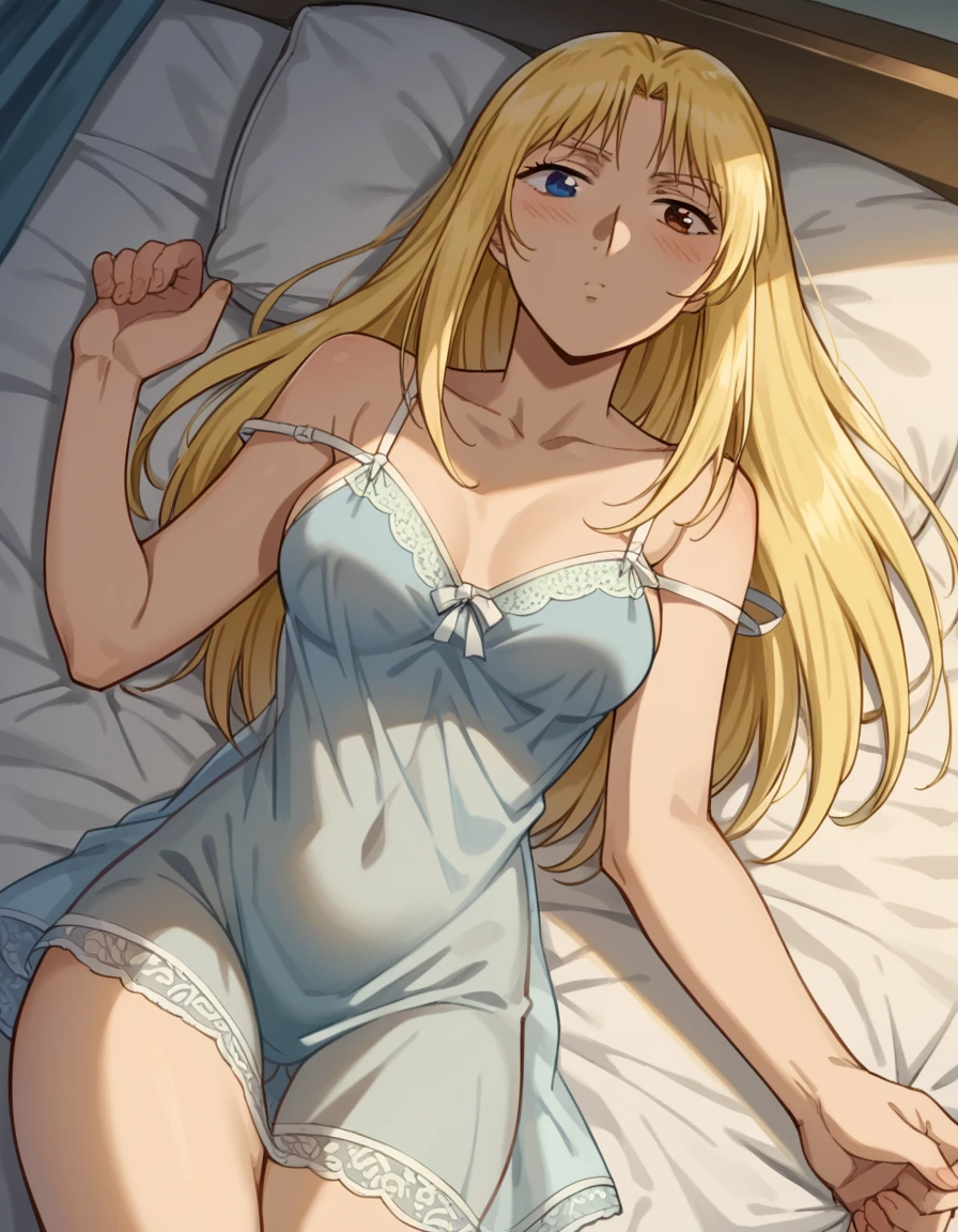 (Exceptional, Best aesthetics, new, newest,, highest quality, masterpiece, Very detailed), Beautiful lighting,Ai hayasaka, 1 girl, alone, ((Unbuttoned shirt)), (((Slender body))) ,, ((White lace pants)), ((Lie down in bed)) ,((Thin thighs)),nude,,blue eyes, White panties, , fall into one'return ,Troubled expression ,bangs,Perfect belly,Upper Body, Perfect nipples,blush,Perfect medium sized breasts,Troubled expression,Perfect belly,Perfect belly button