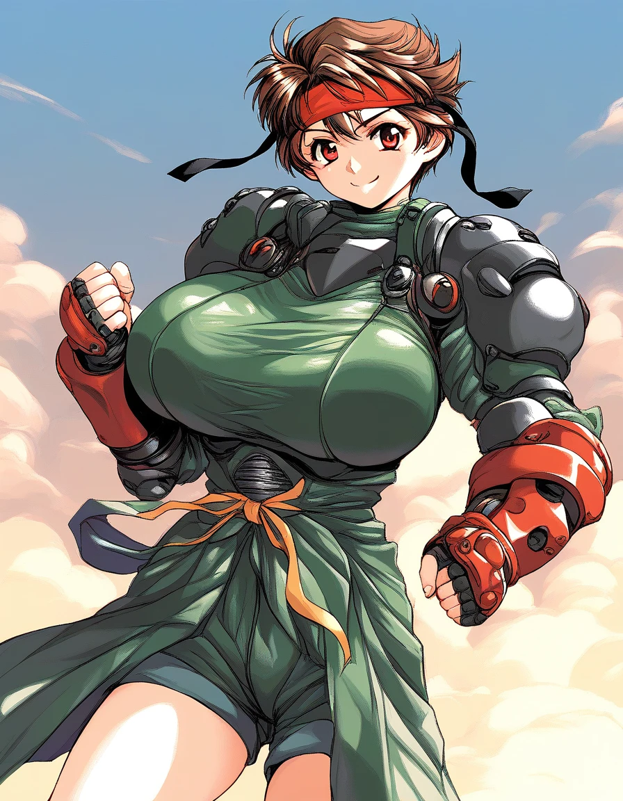 score_9, score_8_up, score_7_up, source_anime, rating_explicit, BREAK  <lora:Tachibana_Natsune_XL:1> TachibanaNatsune, short hair, brown hair,  huge breasts, red eyes, brown eyes, 
 armor, clenched hand, smile, looking at viewer, standing, shorts, headband, boots, hand on hip, armored boots,