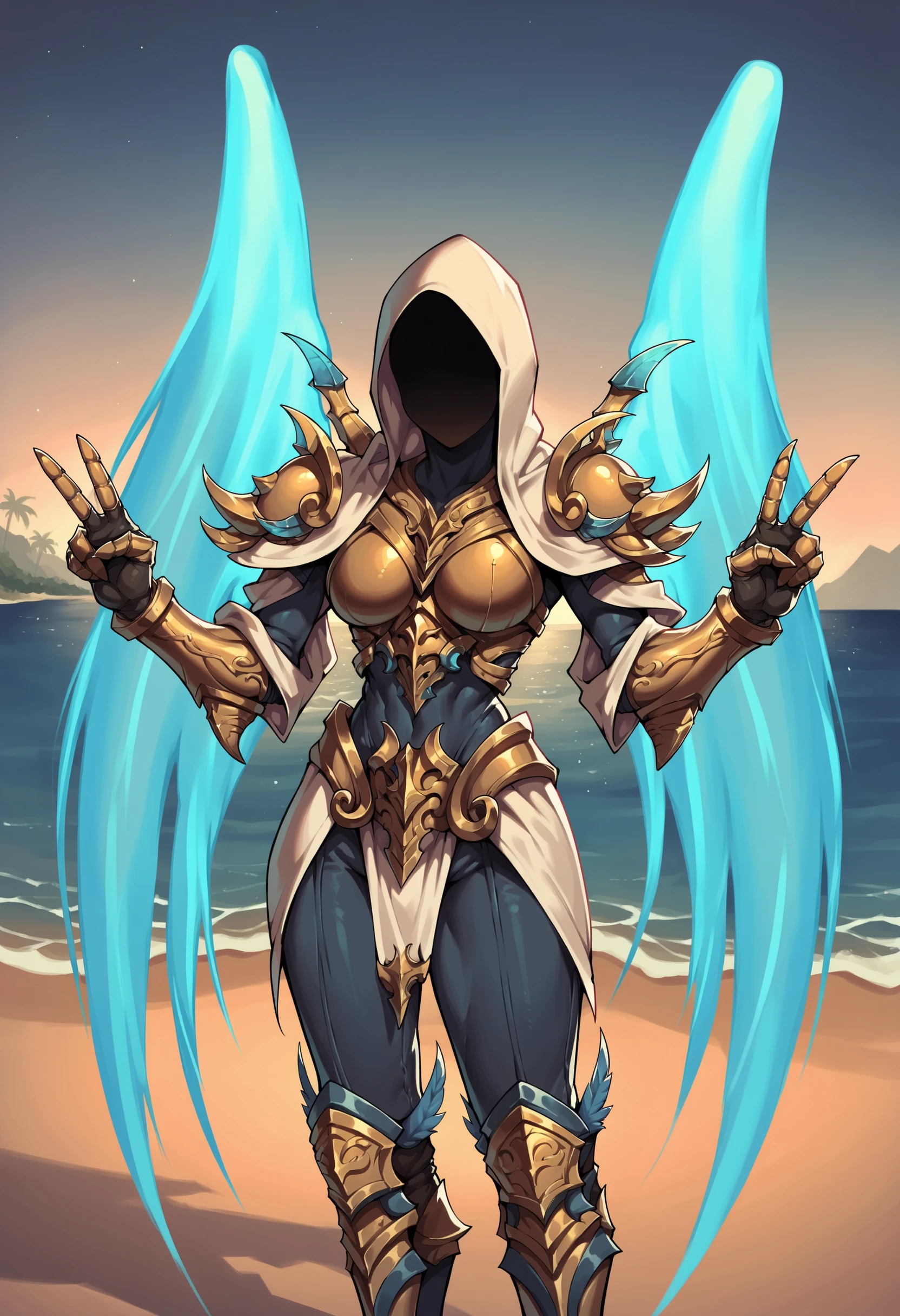 score_9, score_8_up, score_7_up, score_6_up, score_5_up, score_4_up, <lora:Auriel:0.8> 1girl, breasts, armor, blue wings, glowing, hood, hood up, faceless, shoulder armor, gauntlets, upper body, front view, looking at viewer, v sign, 
beach background, ocean, palm trees,