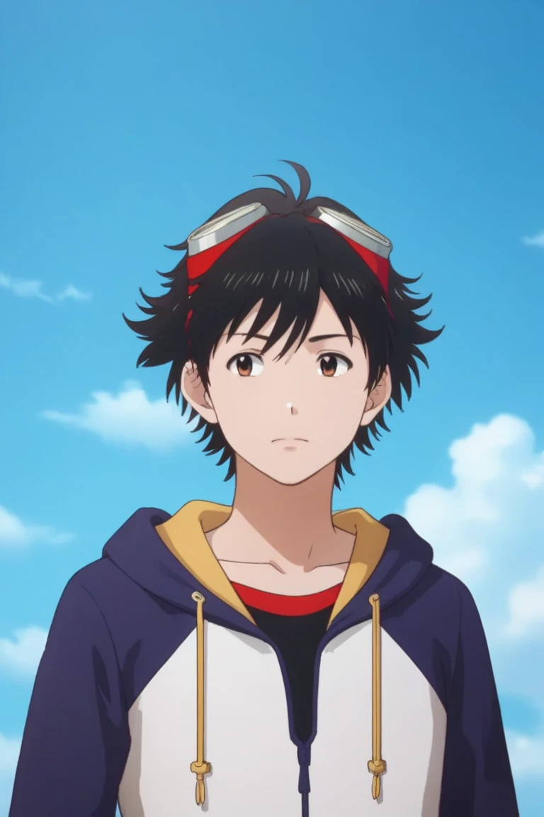 score_9, score_8_up, score_7_up, score_6_up, detailed, intricate details,best quality ,source_anime,
takuma momozuka, black hair, brown eyes, blue hoodie, black shirt, 1boy, male focus, sky, cloud, anime coloring, parody, day, solo, blue sky, official style, goggles<lora:EMS-421709-EMS:1.000000>