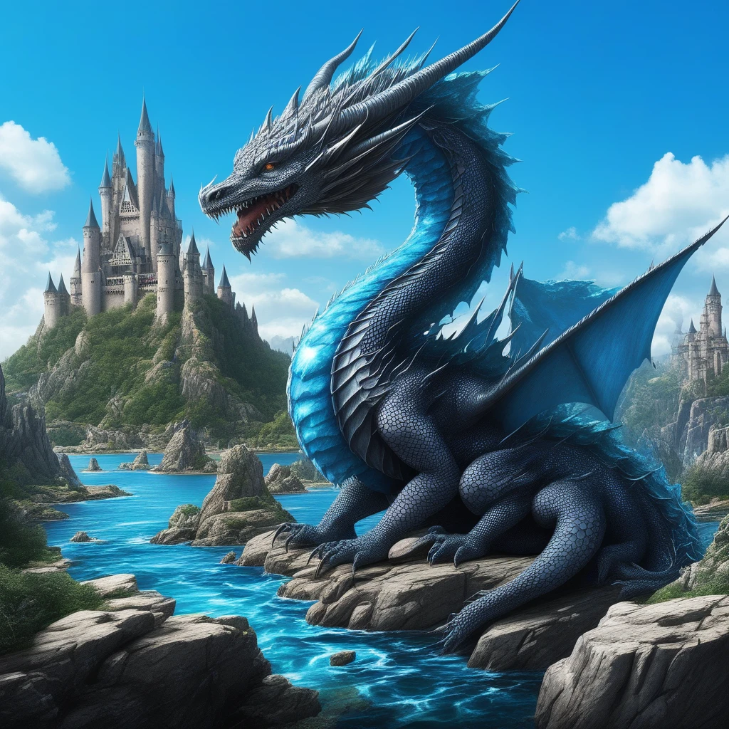 rock, day, water, gem, sharp teeth, looking at viewer, dragon, castle, blue sky, scenery