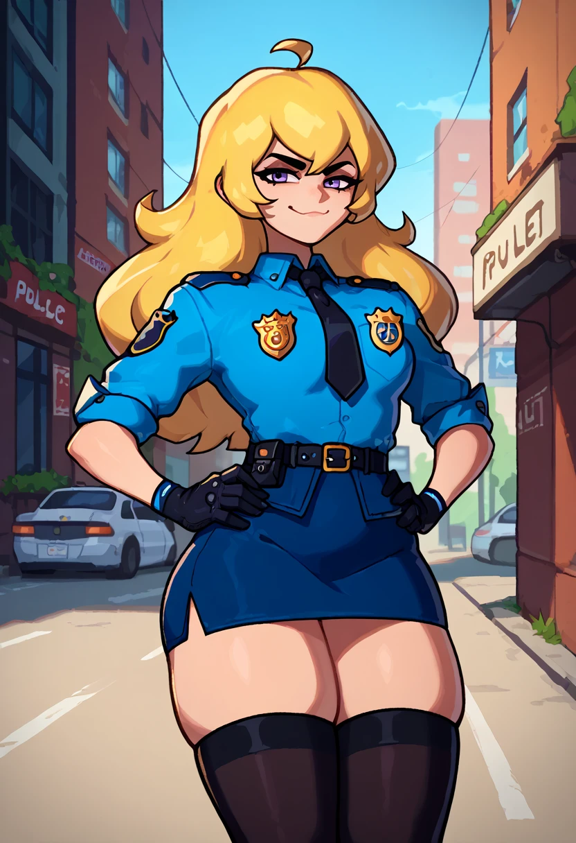 score_9, score_8_up, score_7_up, solo, 1girl, rwbyyangs1, smirk, looking at viewer, standing, hands on own hips, ahoge, police uniform, blue shirt, black necktie, badge, sleeves rolled up, whiet gloves, blue skirt, pencil skirt, black thighhighs, outdoors, city street <lora:rwby_yangxiaolongS1_ponyXL:1>