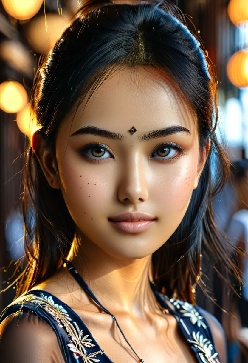 Tsuru Mizuki (extremely intricate:1.3), (realistic), beautiful Indian girl face close up, portrait, , sharp focus, dramatic, award winning, cinematic lighting, octane render unreal engine, Tsuru Mizuki an korean girl, 20yr old, sleek cheekbone, dark black skin, big lips, smiling. Tsuru Mizuki is a beautiful Instagram model. black eyes, long hair, bindi dot in forehead, UHD, 8K, ultra detailed, a cinematic photograph of HDR photo of Closeup photo of a beautiful woman,