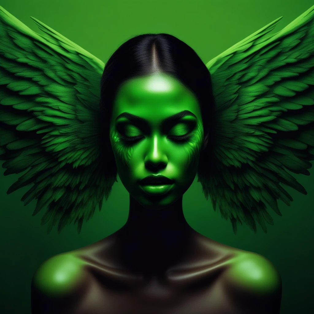 wings, green skin, painting (medium), shadow, building, makeup, green theme, gradient, lips, water