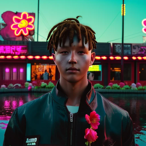 flower, outdoors, lake, scenery, multiple boys, dreadlocks, neon lights, cyberpunk