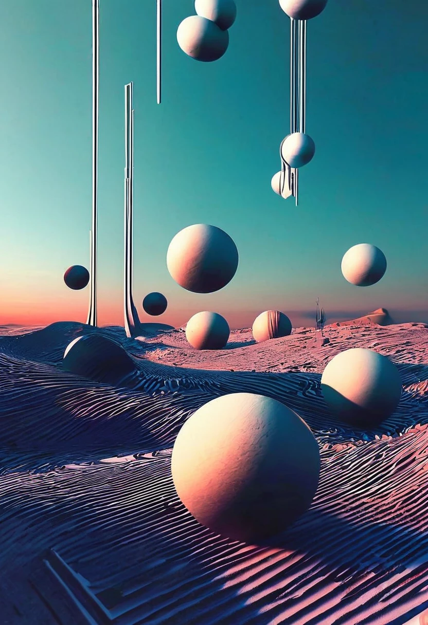 photo of a surrealist landcape with spheres, cubes and line patterns