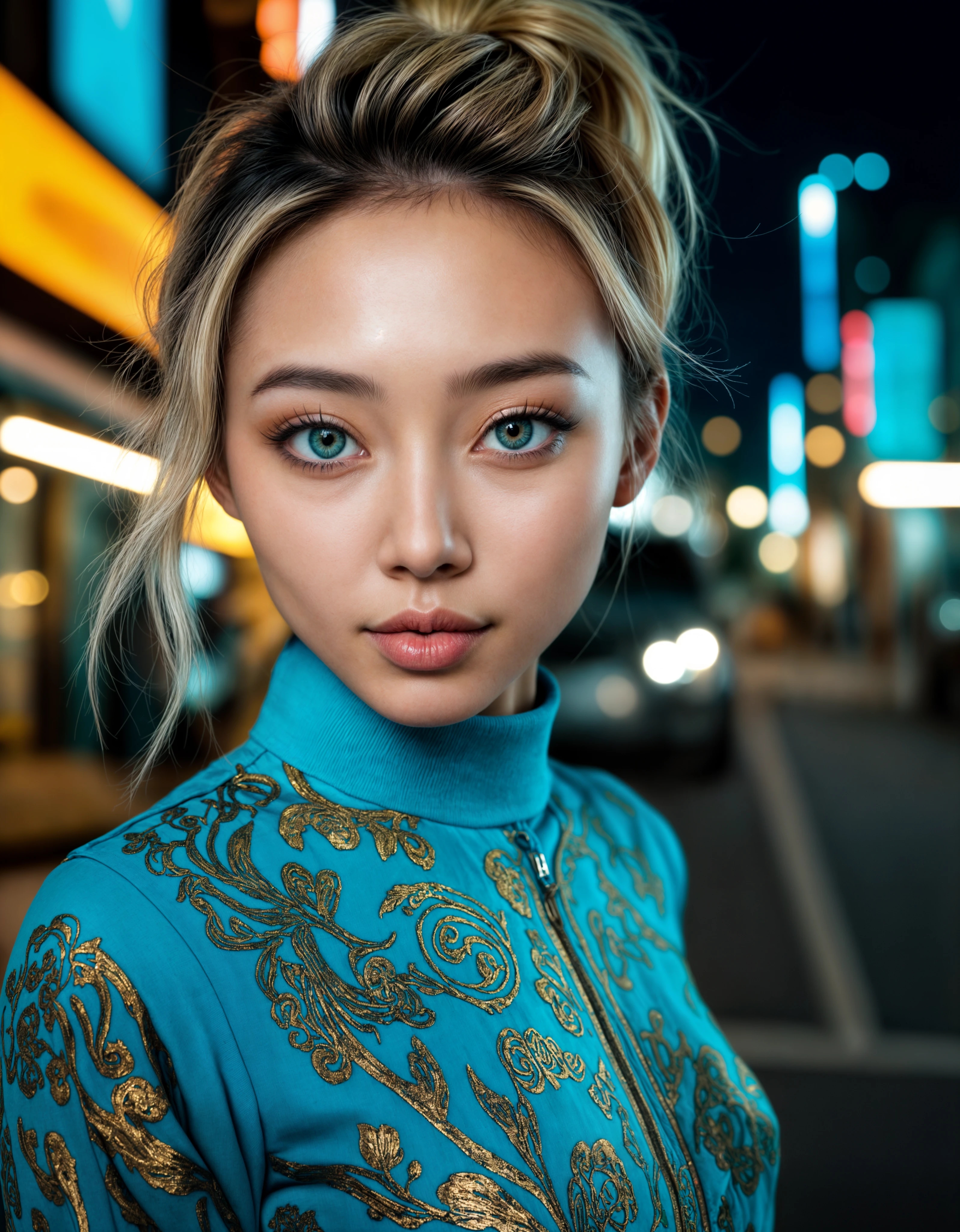 20 year old, blush, exotic, seductive, smirk, fashion, model, fine art photography, iconic, dynamic angle, dynamic pose, macro, photograph, intricate background, Vietnamese (fashion icon:1.2) , Artistic, Gold hairstyle, Aesthetically Pleasing Turquoise Eyes, at Blue hour, Frightening, Interpolation, Fujicolor Superia X-TRA 400, 50mm, Offset print, RAW photo, highly contrasted, contemporary fine detail, highly intricate, detailed, stunning