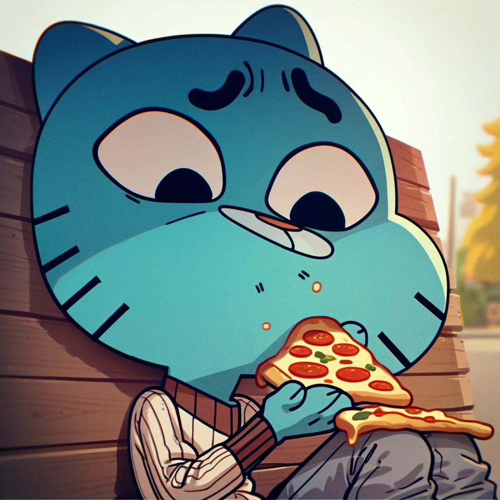 score_9, score_8_up, score_7_up, score_6_up, gumball, black eyes, blue fur, blue cat, cat ears, tan sweater, grey pants, 1boy, solo, eating pizza, park,