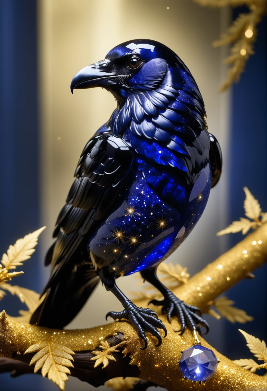 a raven made out of reij-strsphr, sitting on a branch covered in stardust, Photograph, shallow depth of field, Fujicolor Pro 400H, Depth of field 270mm, masterpiece, UHD, sharp and in focus, <lora:stardustsapphire-000006:1>, advanced cinematic perfect light, dynamic dramatic beautiful full taking, epic composition, handsome, cinematic, delicate, pure