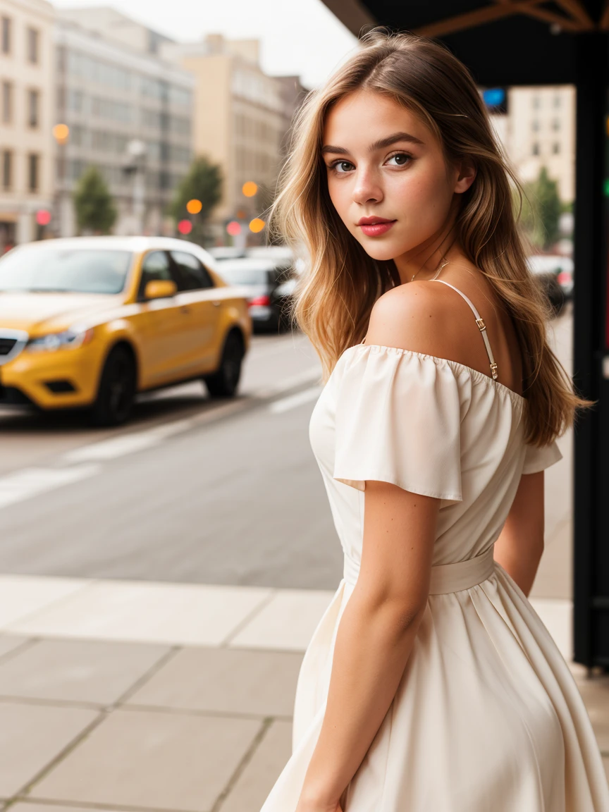 photography of a 20yo woman,light blond hair, perfect face, masterpiece,instaphoto,latina, a mole on my right cheek, photorealisic,8k,pensive,super detail face, walk around the city, summer dress,full body shot, sun, smile,
