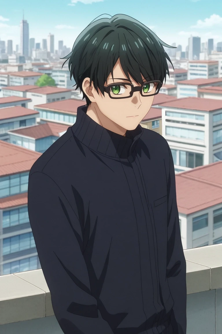 score_9, score_8_up, score_7_up, , rating_safe, , anime screencap, anime coloring, , looking at viewer, , 1boy, solo, male focus, <lora:tasuku_kuresawa_pony:0.74>, tasuku_kuresawa, black hair, green eyes, short hair, glasses, from side, rooftop, tokyo \(city\), building, skyscraper, day, v arms, squinting, , <lora:sdxl_lightning_8step_lora:1>