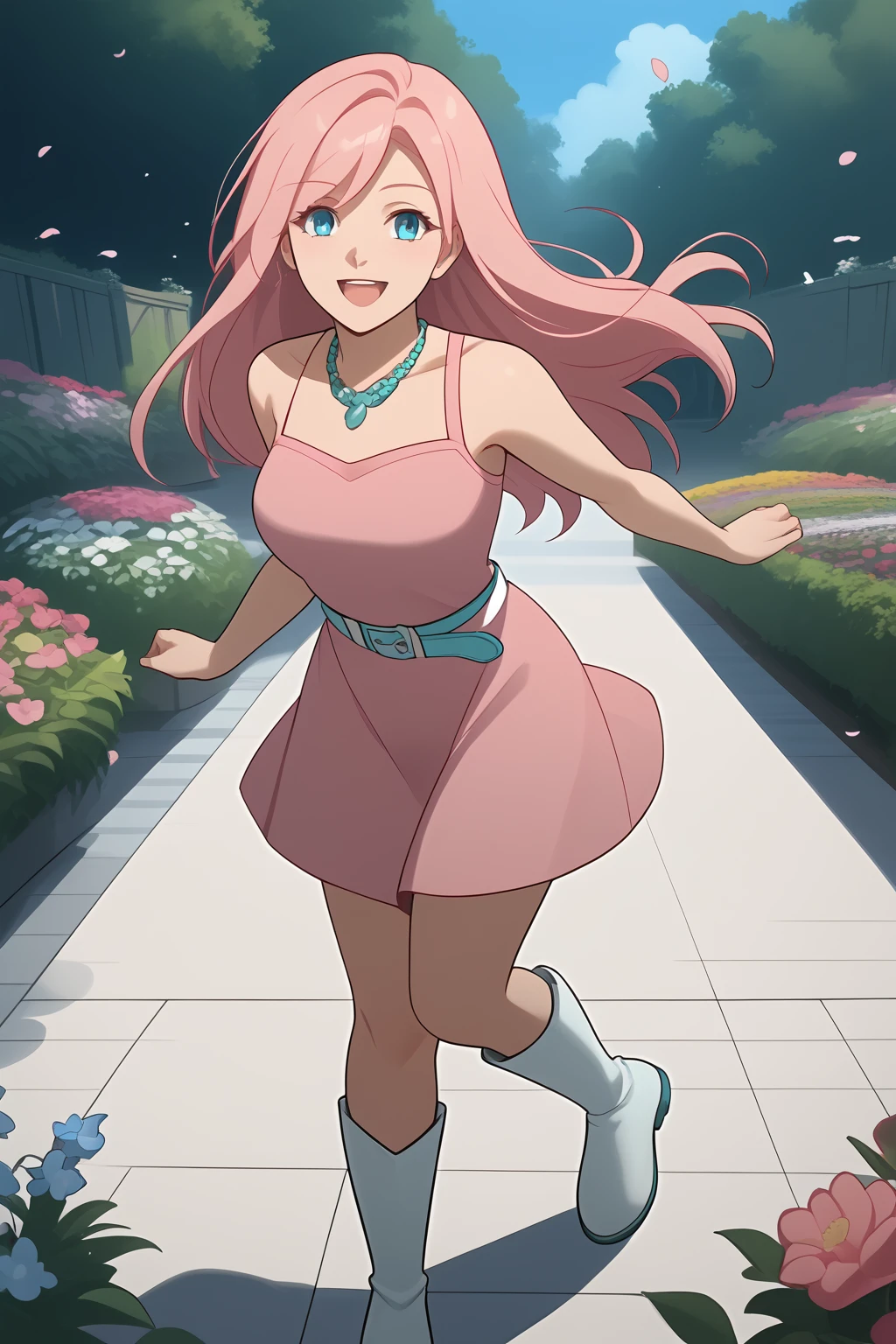 Riruru, Blue Eyes, Light Pink Hair, Long hair, Fair Skin, bright teal necklace,
	pink dress, white and light teal belt, white boots,
(nsfw), (uncensored), (score_9), score_8_up, score_7_up, source_anime, cowboy shot, dynamic pose, 1 Female, solo, happy smile joy, blush, ashamed, shy, sexy, charming, alluring, seductive, enchanting, erotic,
((outdoors)), ((flower garden)), ((flowers)), ((many flowers)), spring petals, petals of flowers, spring, falling petals, flying butterflies<lora:EMS-423740-EMS:0.800000>