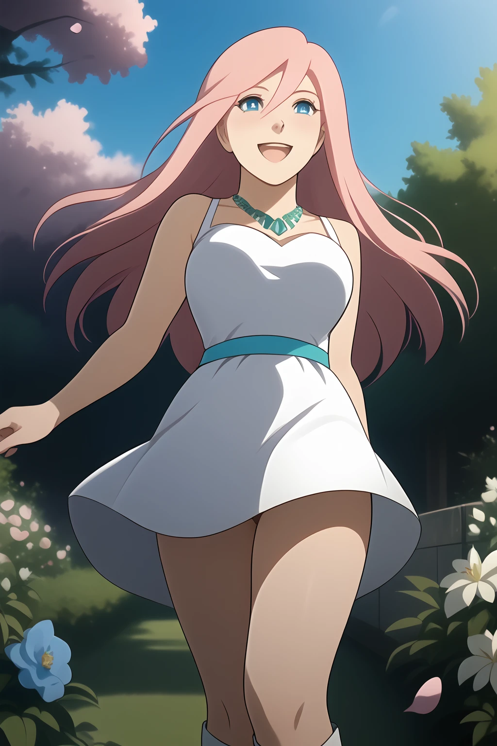 Riruru, Blue Eyes, Light Pink Hair, Long hair, Fair Skin, bright teal necklace, (nsfw), (uncensored), (score_9), score_8_up, score_7_up, source_anime, cowboy shot, dynamic pose, 1 Female, solo, happy smile joy, blush, ashamed, shy, sexy, charming, alluring, seductive, enchanting, erotic,
((outdoors)), ((flower garden)), ((flowers)), ((many flowers)), spring petals, petals of flowers, spring, falling petals, flying butterflies,
((wedding dress, wedding veils)),
(from below), (way too low angle), (low angle shot), (under skirt), (secretly photographed), (sneak a photo), (below skirt), (upskirt), (upskirting), (peeping under skirt), ((beautiful pussy)), ((perfect pussy)), ((detailed pussy)), ((no panties)), ((pubic hair)), ((pussy juice))<lora:EMS-423391-EMS:0.800000>, <lora:EMS-423740-EMS:1.000000>