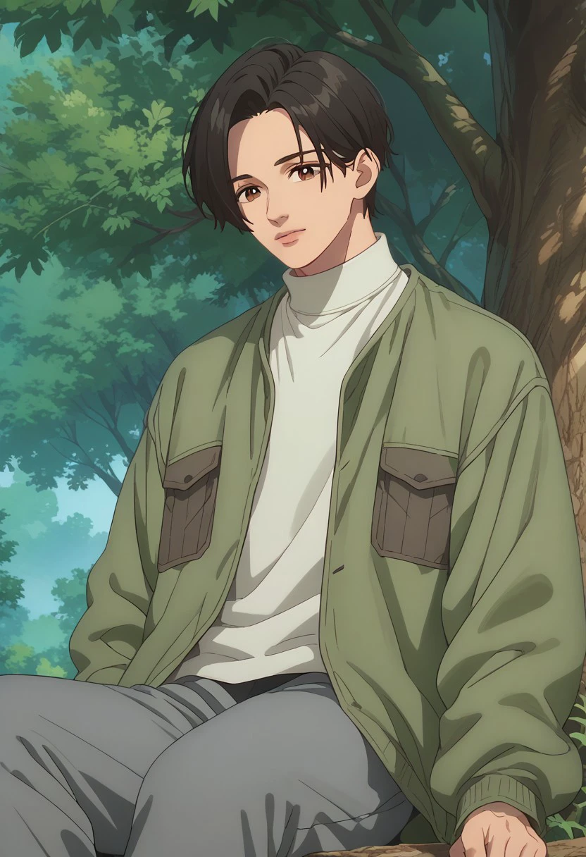 score_9, score_8_up, score_7_up, source_anime, rating_safe, Kyofection, 1boy, male focus, anime screencap, green jacket, white turtleneck, sitting beside tree-roots, dark grey pants,