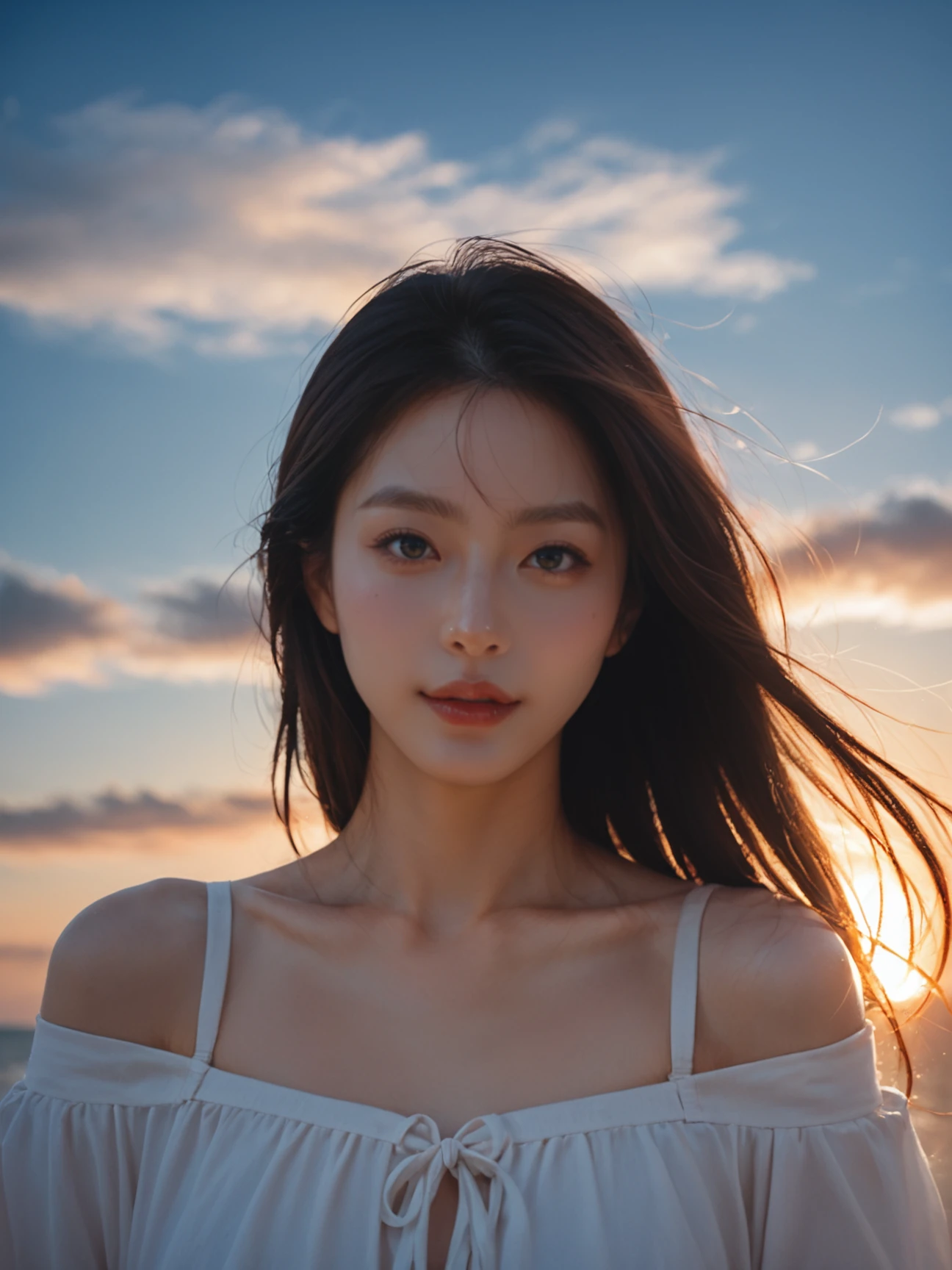 score_9, score_8_up, score_7_up, realistic, realism, film grain, photo by fuji-proplus-ii film, half-length portrait, raw photo of 20 years old woman in off-shoulder, close up portrait, deep blue sky, cloudy sky, outdoor, high key light, soft shadow, sunset,