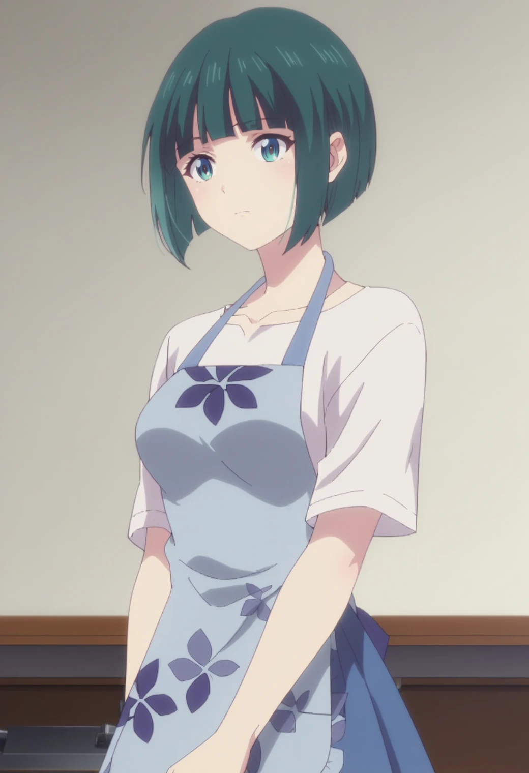 score_9,score_8_up,score_7_up,  masterpiece, best quality, white background, 1girl, solo <lora:DX888Shiragiku:1>ono shiragiku, green hair, bob cut, medium breast,  anime screencap, shirt, apron, floral pront, skirt