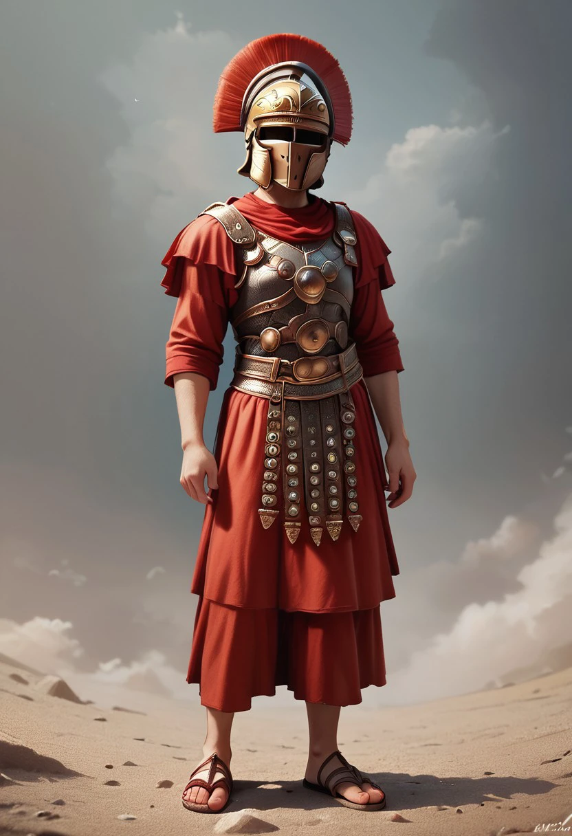 score_9,score_8_up,score_7_up, wearing armor, helmet, red tunic, red shirt, sandals, Intricate details, upper body, Proud look