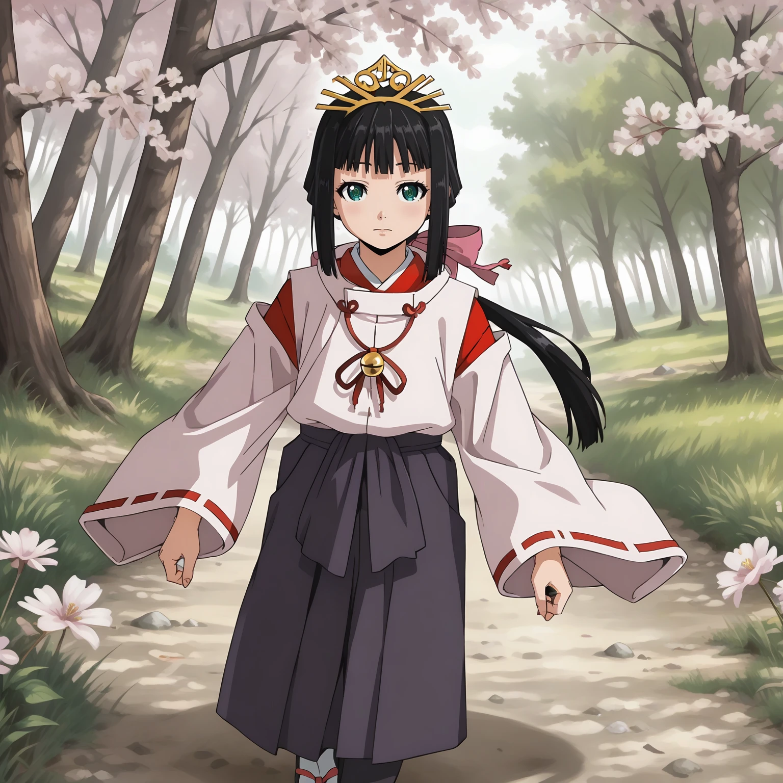 <lora:TES_ShizukuXLpony001:0.8>,
solo,
Shizuku,1girl,black hair,low ponytail,hair ribbon,green eyes,
tiara,
miko,hakama,tabi,
outdoors,realistic,nature,cherry blossoms,
running,