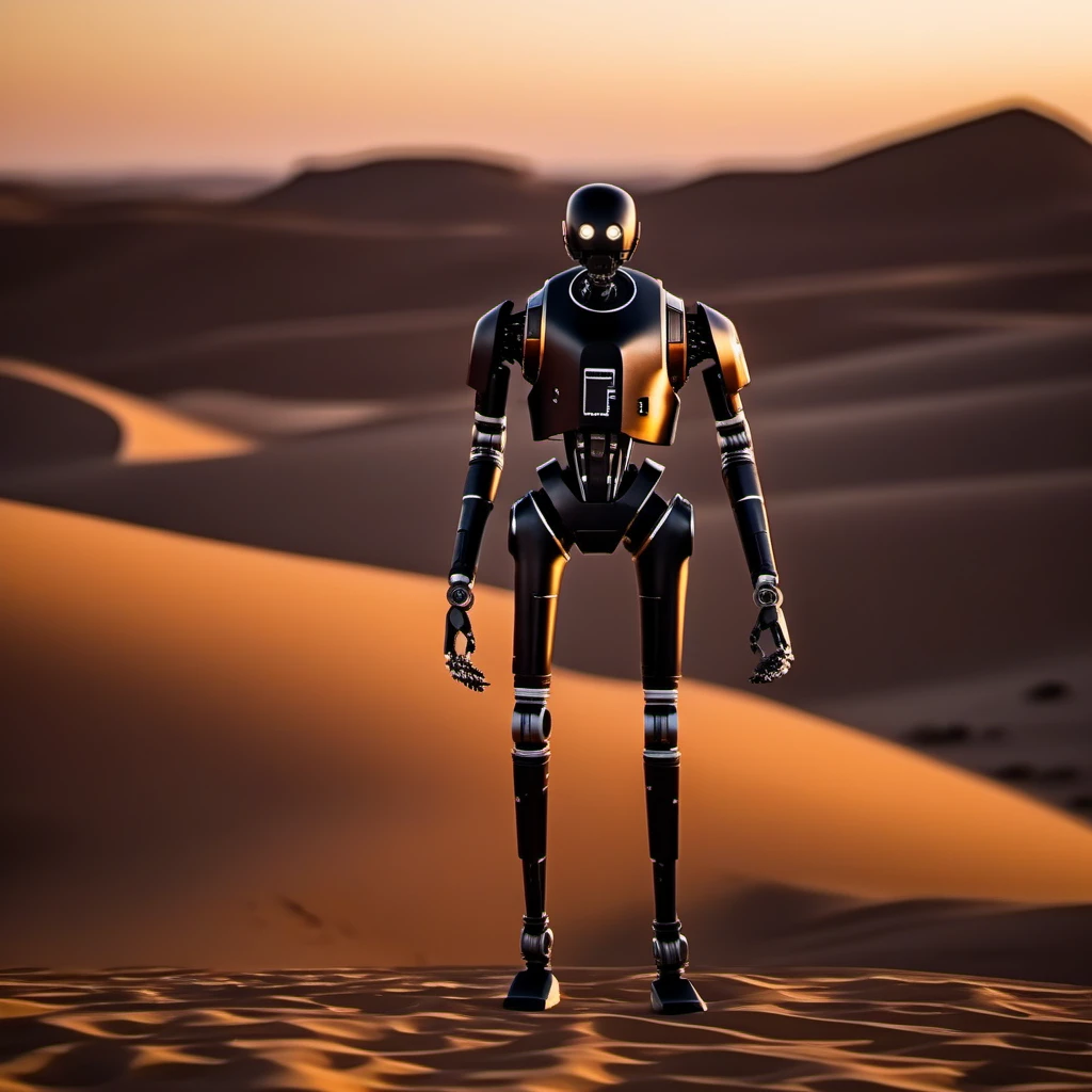 cinematic photo robot, solo, no humans, standing in the desert, sunset  <lora:K2SO:0.8> . 35mm photograph, film, bokeh, professional, 4k, highly detailed