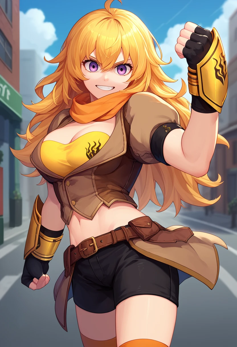 score_9, score_8_up, score_7_up, source_anime, solo, 1girl, rwbyyangs1, grin, looking at viewer, flexing, ahoge, brown jacket, short sleeves, vambraces, black gloves, fingerless gloves, black shorts, belt, thighhighs, orange scarf, midriff, cleavage, large breasts, outdoors, city street <lora:rwby_yangxiaolongS1_ponyXL:1>