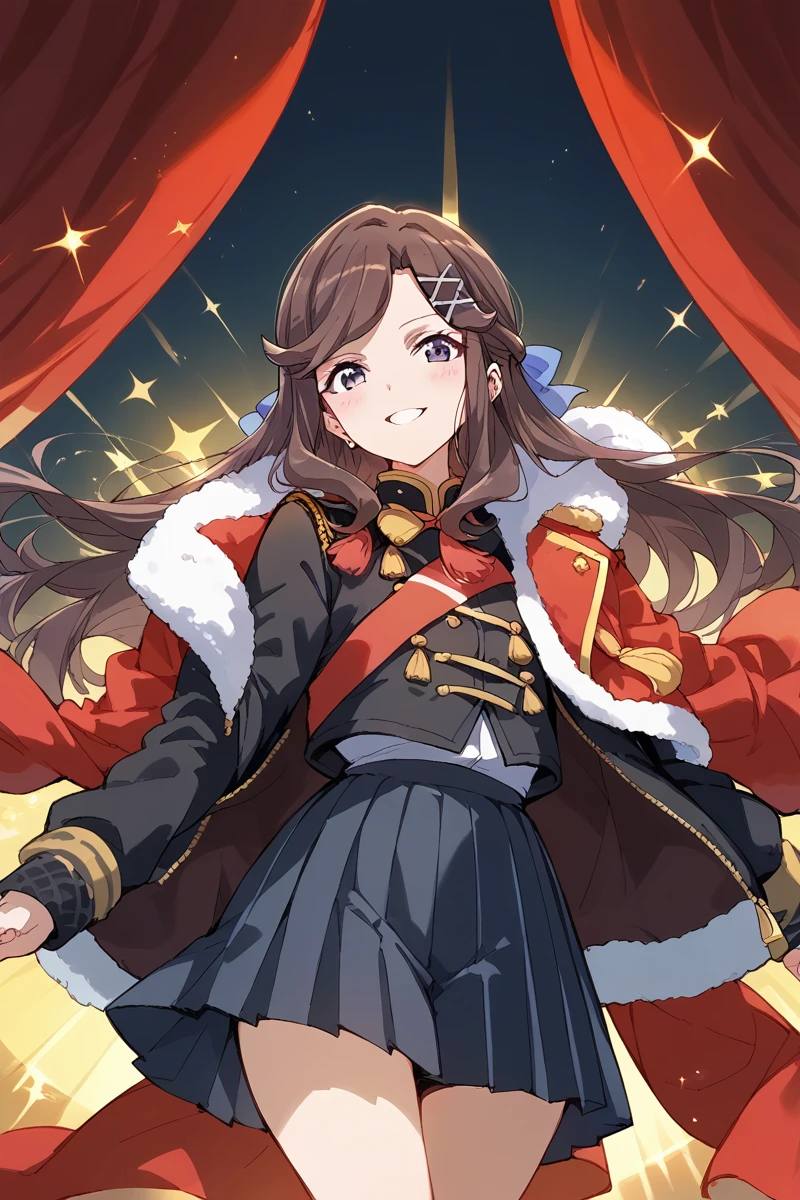 score_9, score_8_up, score_7_up, score_6_up, 1girl,
<lora:Maya_Tendo:0.9> maya, brown hair, long hair, x hair ornament, bow, pleated skirt, fur-trimmed jacket, jacket on shoulder, stage outfit, color lights, red curtain,