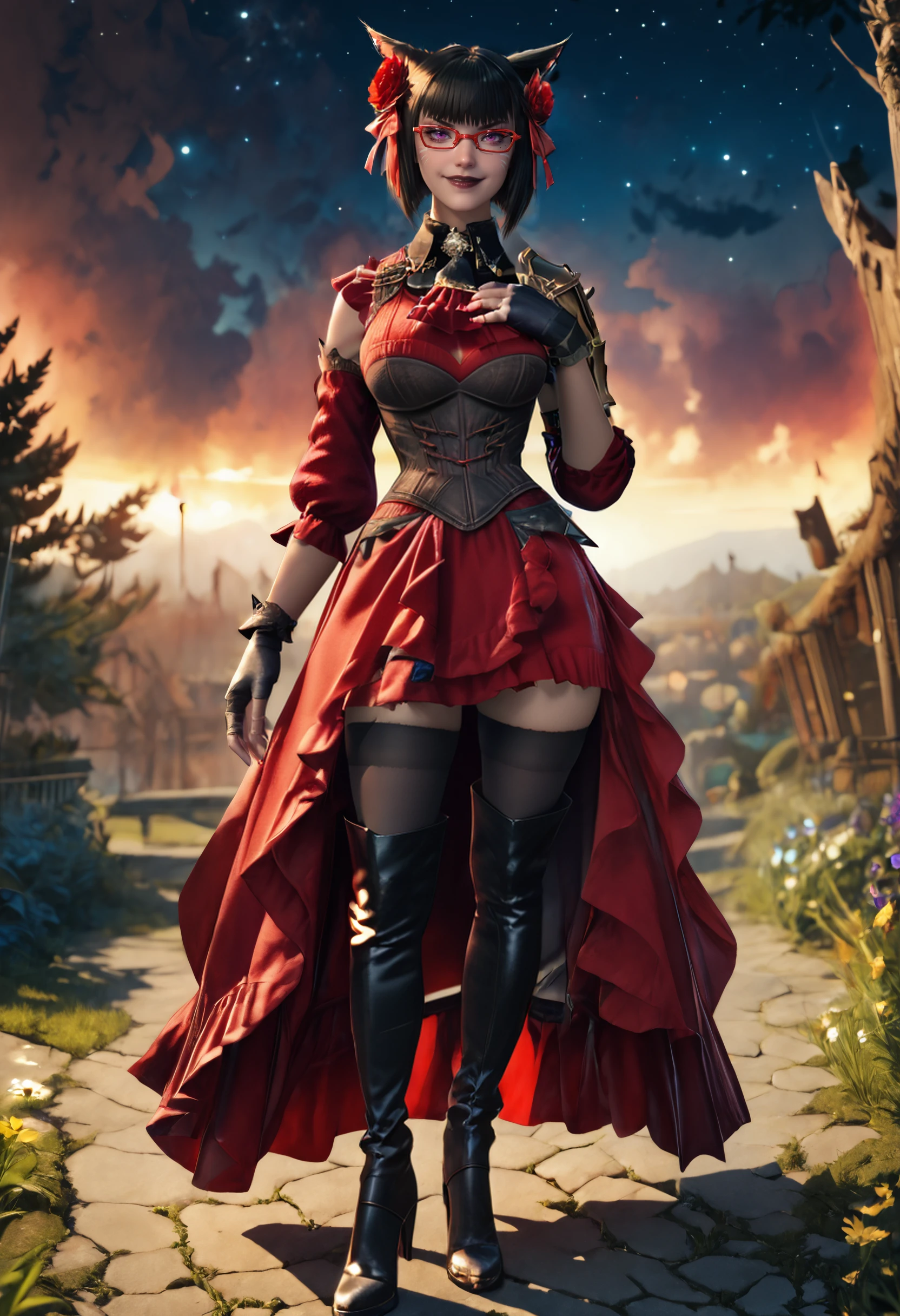 zPDXL, score_9, score_8_up, score_7_up, <lora:RealisticAnime:1> (ultra realistic, 32k, masterpiece:1.2), (high detailed skin:1.1), (high quality:1.1), (full body:1.5), , 1girl, starry sky, full moon, (hand on own chest:1.5 ), <lora:Armet_Daraco_Dawntrail:1> armetdaraco, dark-skinned female, miqo'te, black lipstick, short hair, bob cut, black hair, mole under eye, facial mark, heterochromia, purple eyes, red eyes, tail, corset, asymmetrical clothes, gloves, dress, hair ribbon, fingerless gloves, black gloves, red dress, hair flower, armor, glasses, red eyewear, high heels, boots, black thighhighs, thighhighs, thigh boots, smirk,