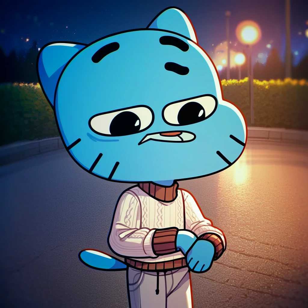 score_9, score_8_up, score_7_up, score_6_up, gumball, black eyes, blue fur, blue cat, cat ears, tan sweater, grey pants, 1boy, solo, ((headphone)), night, park, sad,