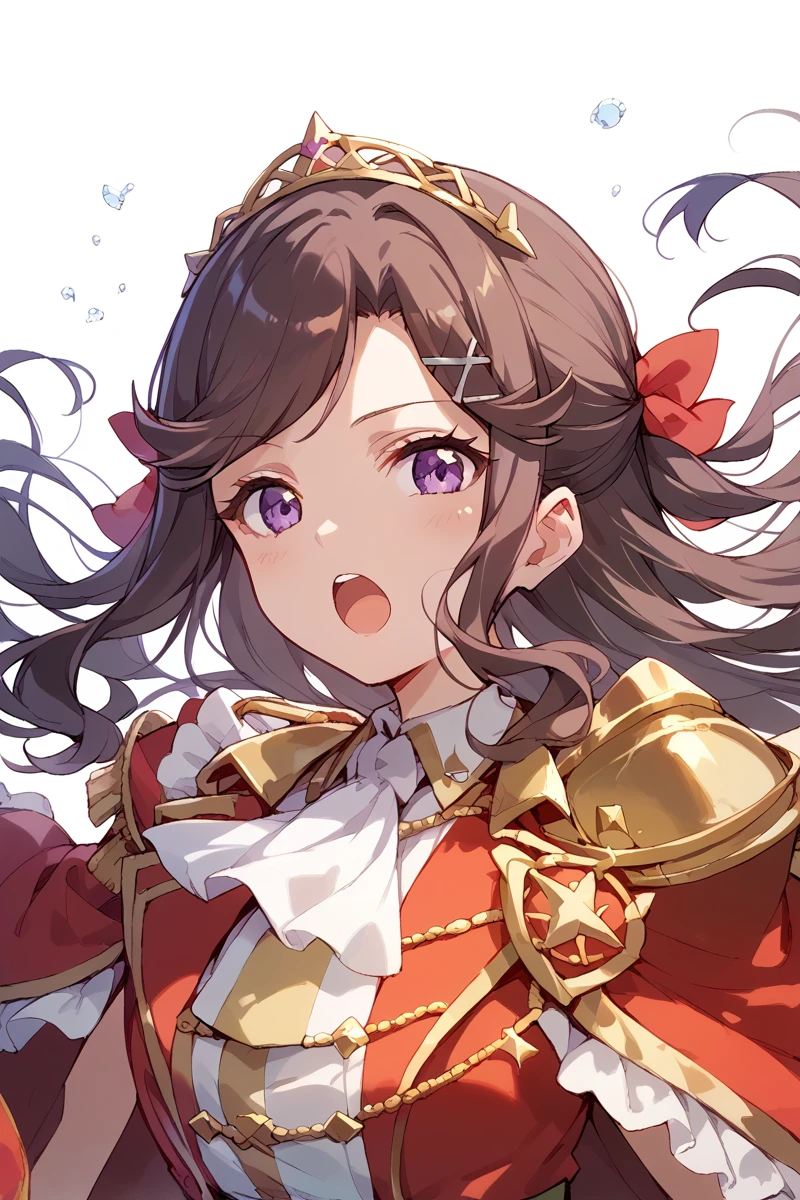 score_9, score_8_up, score_7_up, score_6_up, 1girl,
<lora:Maya_Tendo:0.9> maya, brown hair, long hair, x hair ornament, epaulettes, red jacket, open mouth, purple eyes, looking at viewer, frills, hair ornament, floating hair, white ascot, shoulder armor, upper half, portrait,