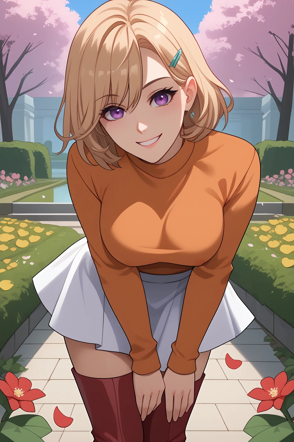 She wears an orange sweater, leaf-like hairclip on the left side of her hair, a white skirt, red boots. She has amaranth hair and purple eyes,
(nsfw), (uncensored), (score_9), score_8_up, score_7_up, source_anime, cowboy shot, dynamic pose, 1 Female, solo, happy smile joy, blush, ashamed, shy, sexy, charming, alluring, seductive, enchanting, erotic,
((outdoors)), ((flower garden)), ((flowers)), ((many flowers)), spring petals, petals of flowers, spring, falling petals, flying butterflies,
((leaning forward)), ((downblouse)), ((extended downblouse)), ((no bra)), ((nipples)), ((nipples slip)), ((breasts slip))<lora:EMS-423241-EMS:0.800000>