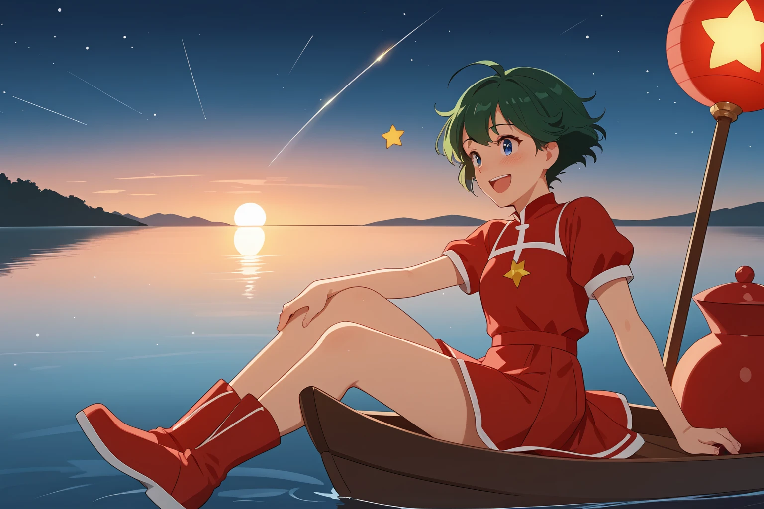 Kuremu, Green Hair, Short Hair, Blue Eyes, Red Short Dress, Red Short Boots,
In Dusk, In Sunset, Sitting On Gourd-Type Boat, In Lake, Star-Type Leaf, Falling Star-Type Leaf, (nsfw), (uncensored), (score_9), score_8_up, score_7_up, source_anime, cowboy shot, dynamic pose, 1 Female, solo, happy smile joy, blush, ashamed, shy, sexy, charming, alluring, seductive, enchanting, erotic<lora:EMS-421550-EMS:0.800000>