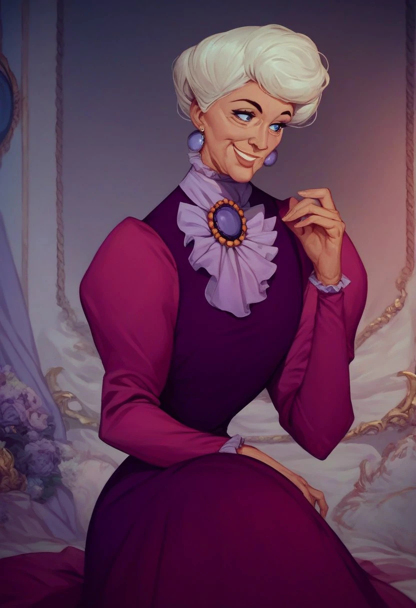 score_9_up, score_8_up, score_7_up, score_6_up, 1 girl, solo, m_adelaide, old woman, blue eyes, earrings, long purple dress, brooch, smile, sitting in a beautiful french mansion, (painted art)