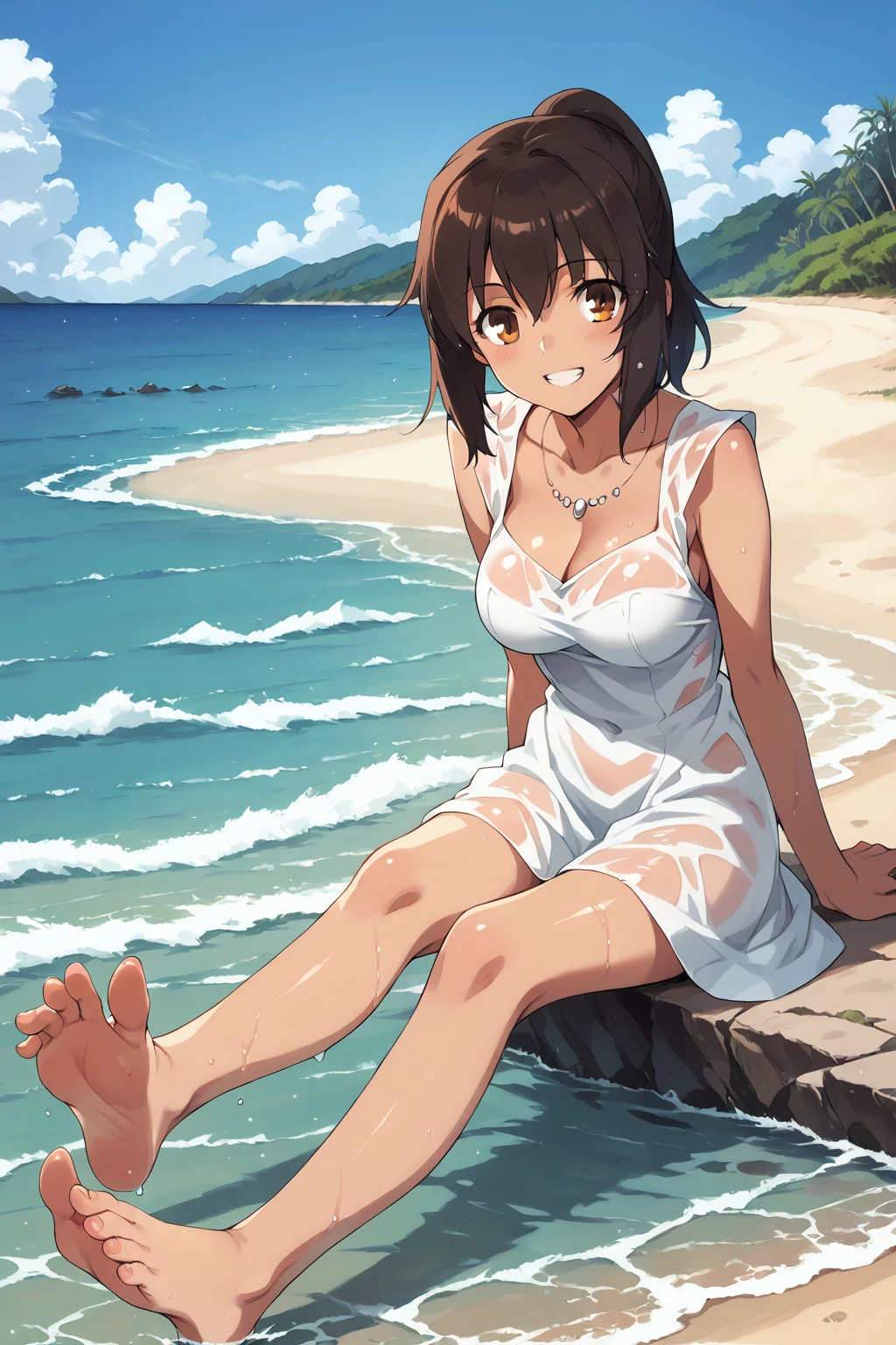 score_9, score_8_up, score_7_up, , score_ANIME,  1girl, brown hair, short ponytail, brown eyes, white dress, sleeveless, cleavage,, necklace, ,  dark skin, ,blush,  , wet clothes,    smile, <lora:shirley_fate_pony:1>,  wading,  sea, (ocean:0.3),  sitting, foot focus,  foot up,  wading,   medium breasts,  teeth, , fateshirley, see-through,  navel,