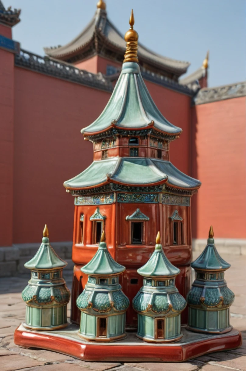 ceramic, figurine of a The  glazed shiny ceramic turrets in Beijing and the ceramic  red walls zavy-fltlnpnt   <lora:CeramicXL_LoRA:1>  <lora:offset_0.2:1> <lora:zavy-fltlnpnt-sdxl:0.4>