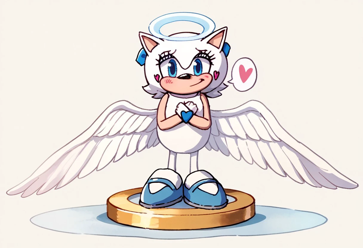 score_9, score_8_up, score_7_up BREAK Angelchu, 1girl, angel hedgehog, light blue eyes, white body, pink heart blush, angel wings, gold angel halo, light blue mary jane shoes, smiling at viewer, heaven background, heaven, full body,