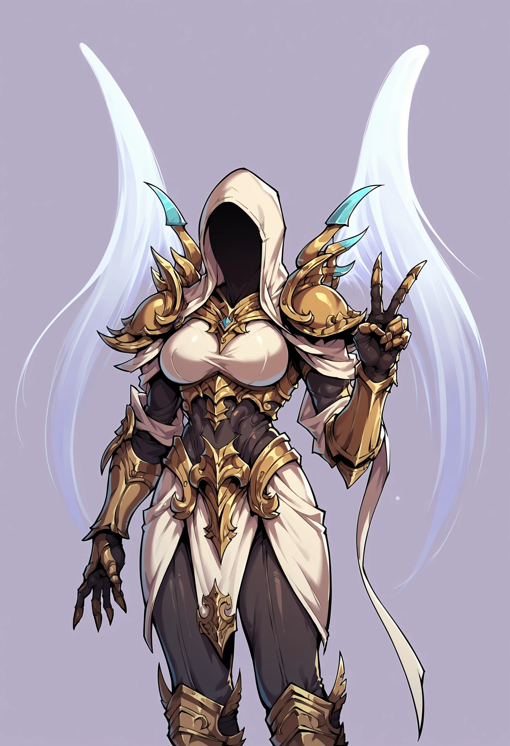 score_9, score_8_up, score_7_up, score_6_up, score_5_up, score_4_up, <lora:Auriel:0.85> 1girl, breasts, thighs, armor, white wings, glowing, hood, hood up, faceless, shoulder armor, gauntlets, upper body view, close-up, v sign,
(light purple background:1.15), simple background,