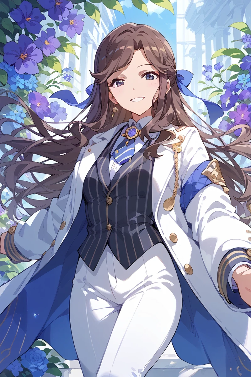 score_9, score_8_up, score_7_up, score_6_up, 1girl,
<lora:Maya_Tendo:0.9> maya, brown hair, long hair, white pants, solo, pants, flower, looking at viewer, purple flower, white jacket, blue flower, smile, sidelocks, striped, jacket, suit,