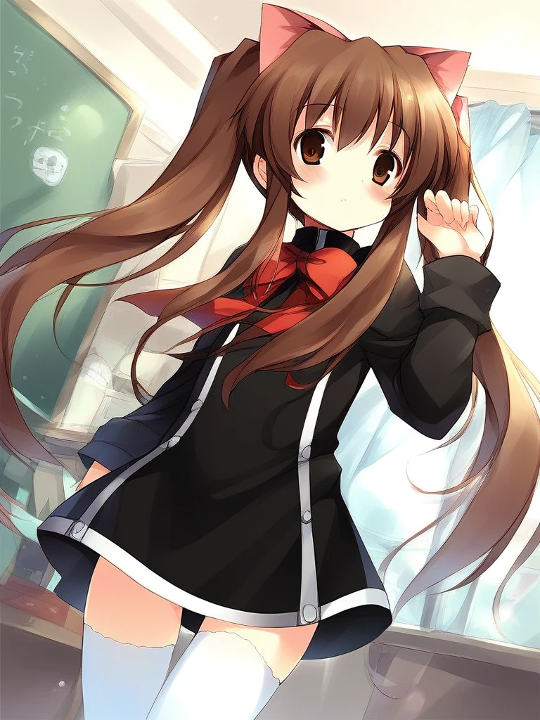 score_9, score_8_up, score_7_up, source_anime, rating_explicit, BREAK  <lora:aloe_QMA_XL:1> aloe_QMA, brown hair, twintails, brown eyes, long hair, cat ears, 
1girl, solo,  thighhighs, brown eyes,   bow, black dress, school uniform, white thighhighs, cowboy Shot,
room,