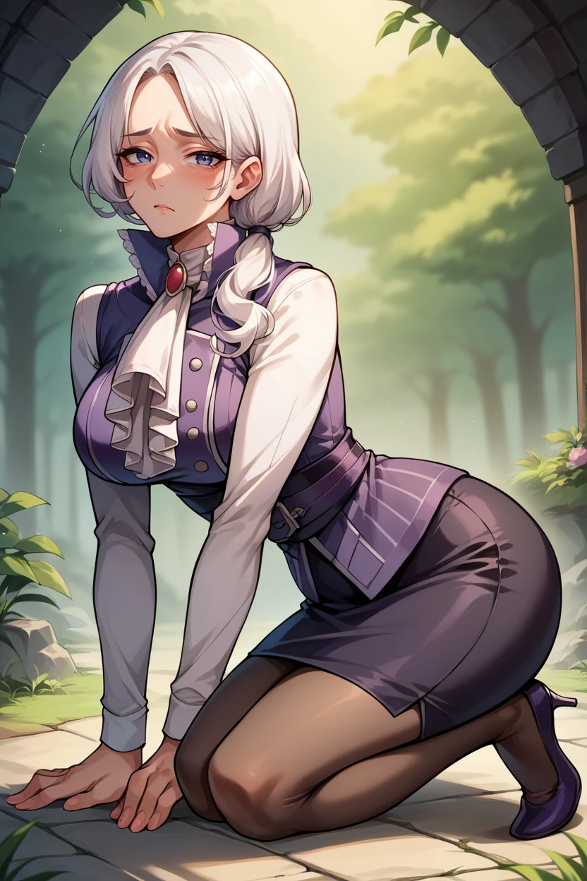 score_9, score_8_up, score_7_up, score_6_up, source_anime, 1girl, solo <lora:willowschnee-pdxl-nvwls-v1-000008:1> rbWillow, white hair, high collar, purple vest, white shirt, ascot, long sleeves, black skirt, black pantyhose, mature female, large breasts, all fours, high heels, from side, looking at you, blush, sad