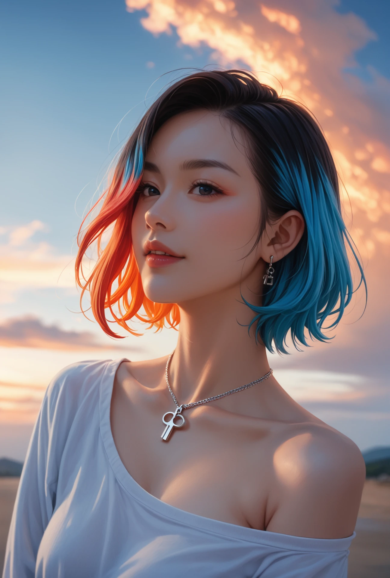 score_9, score_8_up, score_7_up, film grain, photo by fuji-proplus-ii film, raw picture of 20 years old woman in off-shoulder, close up portrait, deep blue sky, cloudy sky, outdoor, high key light, soft shadow, Fiery clouds, colored hair,