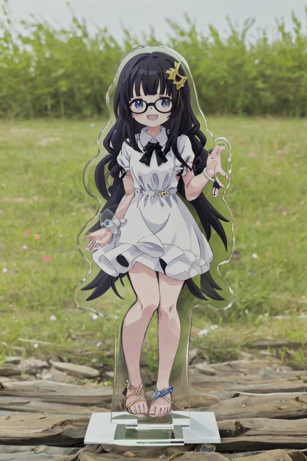 masterpiece, best quality, very aesthetic, absurdres,
(acrylic stand), cut shape character, (anime-style character acrylic stand. The acrylic stand is cut to the shape of the character),
1girl, solo, glasses, black hair, long hair, white dress, sandals, standing, happy, smile, open mouth, blurry background, outdoors,
<lora:acrylicstand_SD15_V1:1>