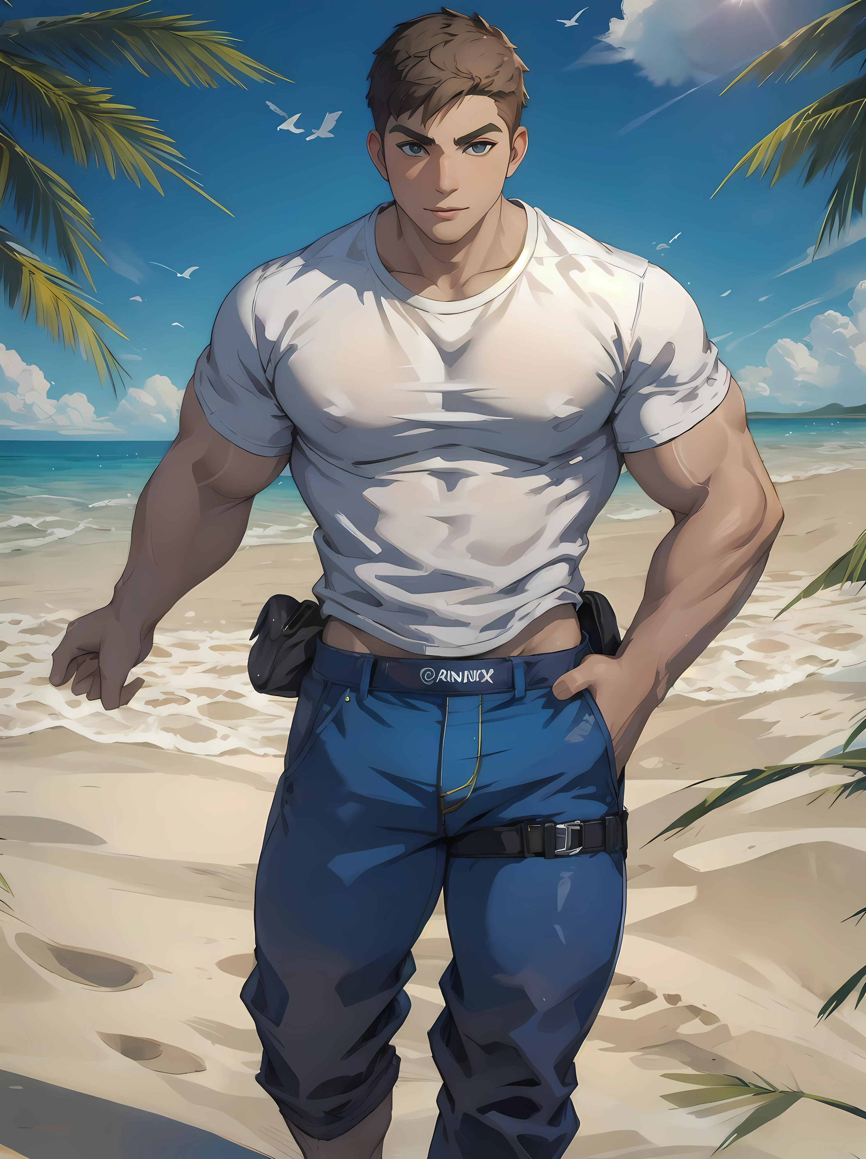 <lora:JD_Fenix:0.75> 1boy, jd_fenix, standing, looking at viewer, very short hair, (muscular:1.3), long pants, summer, white t-shirt, beach, chubby <lora:add_detail:-0.3>