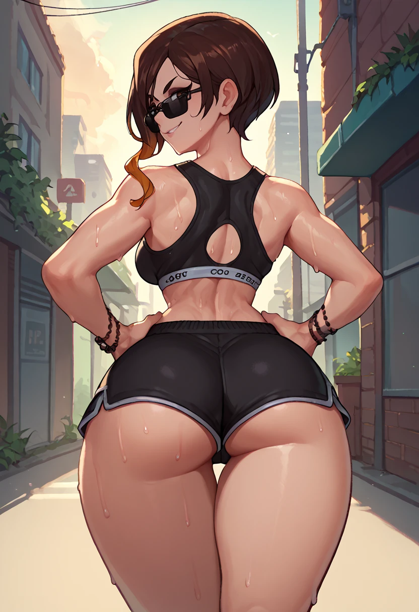 score_9, score_8_up, score_7_up, from behind, solo, 1girl, coco adel, sweat, smirk, looking back, hands on own hips, sunglasses, black sports bra, black shorts, short shorts, ass, outdoors, city street <lora:rwby_cocoadel_ponyXL:1>