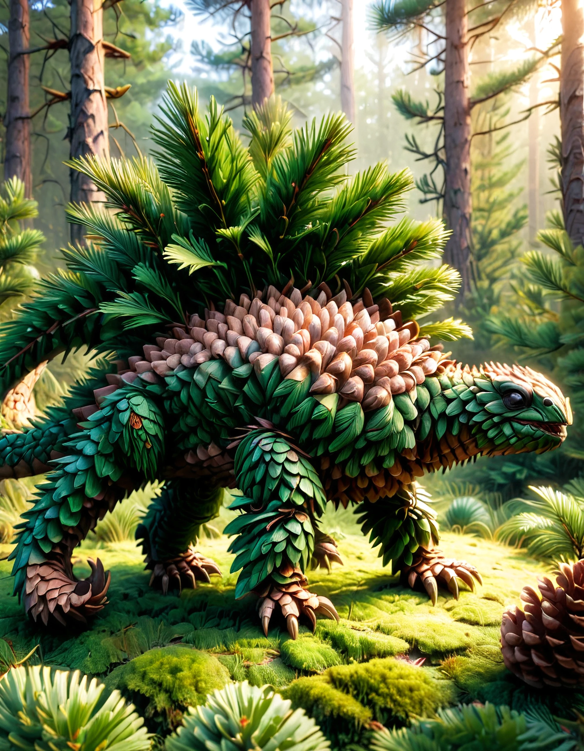 detailed funny fluffy creature made of pine cones and needles, diplodocus inspired, jumping around in long grass, creative scene, cinematic light, pines and needles