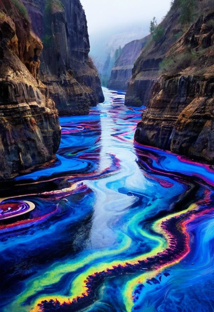 surrealist landscape with a canyon with water in the colours of the rain bow, there are psychedlic motifs on the sides of the cliffs