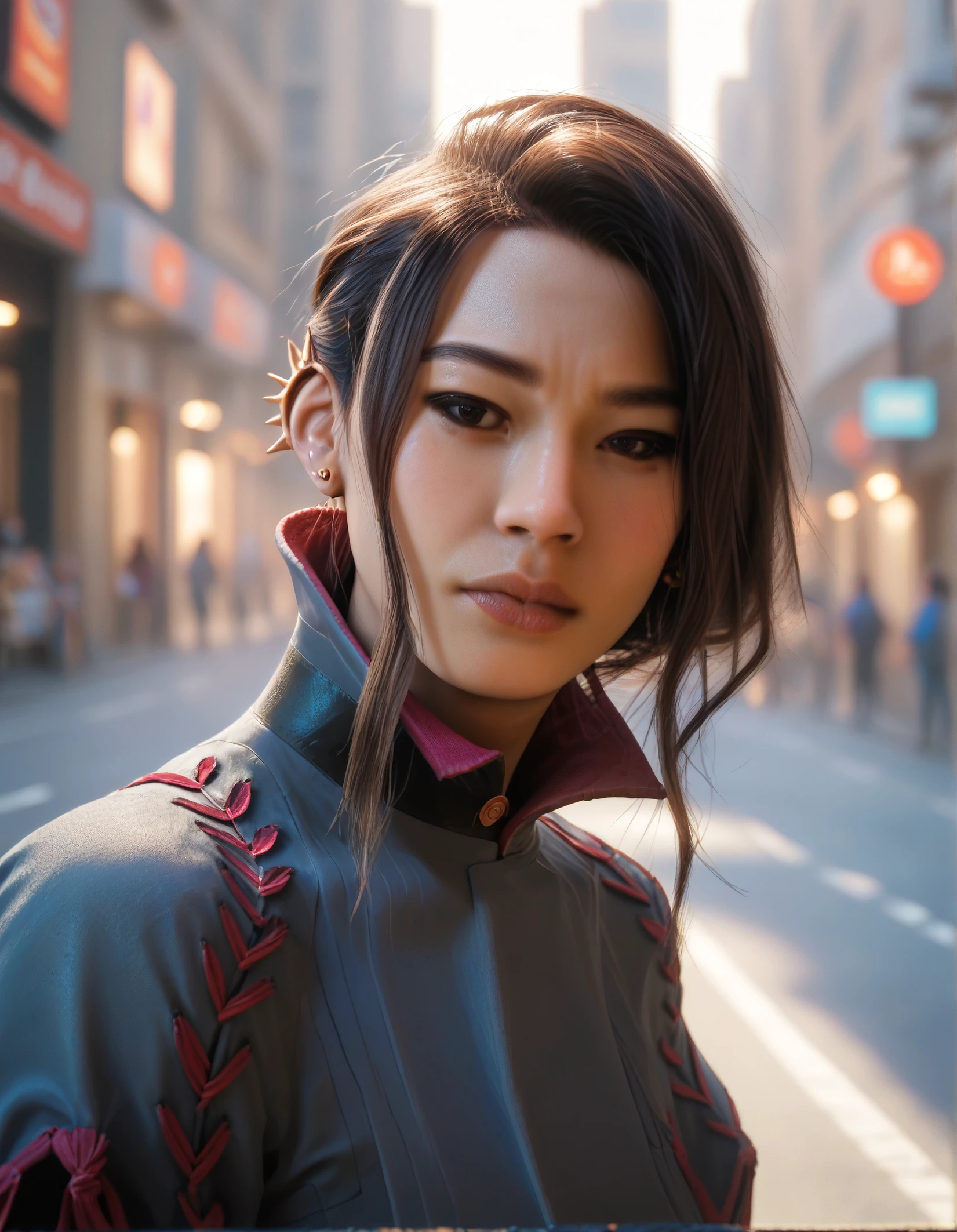 score_9, score_8_up, score_7_up,score_6_up,haymar,high resolution,3d,photo,realistic,asian,1girl,brown hair,hair bun,earrings,black jacket,long sleeves,boots, volumetric lighting,rim lighting,dramatic shadow,in street,upper body,dynamic pose,looking at viewer,pov